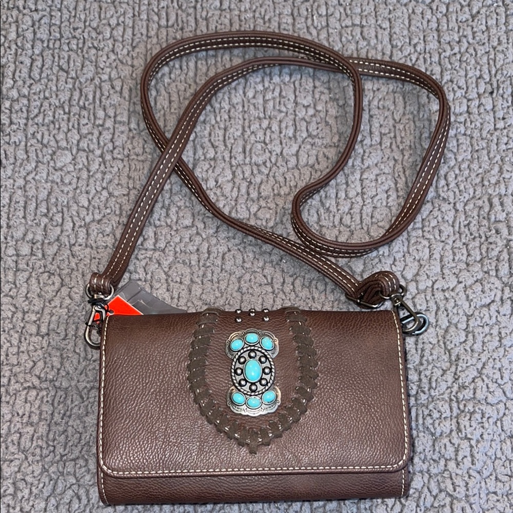 Brand New Brown Leather Crossbody Bag with Turquoise Accent.